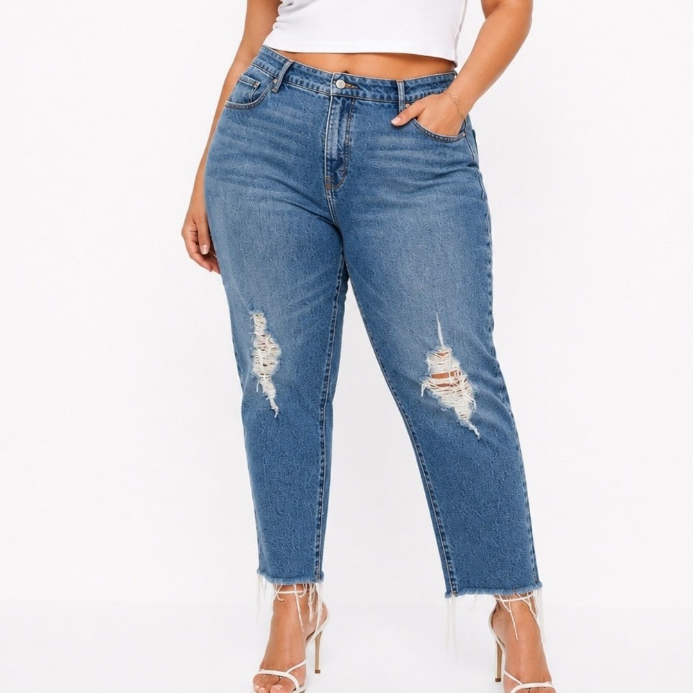 Good American High Rise Cropped‎ Straight Leg Raw Hem Jeans Blue Wash Size 10/30